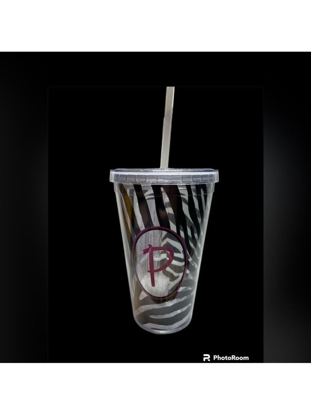 16oz Pink & Black Zebra Tumbler w/ Straw Monogram “P” NWT